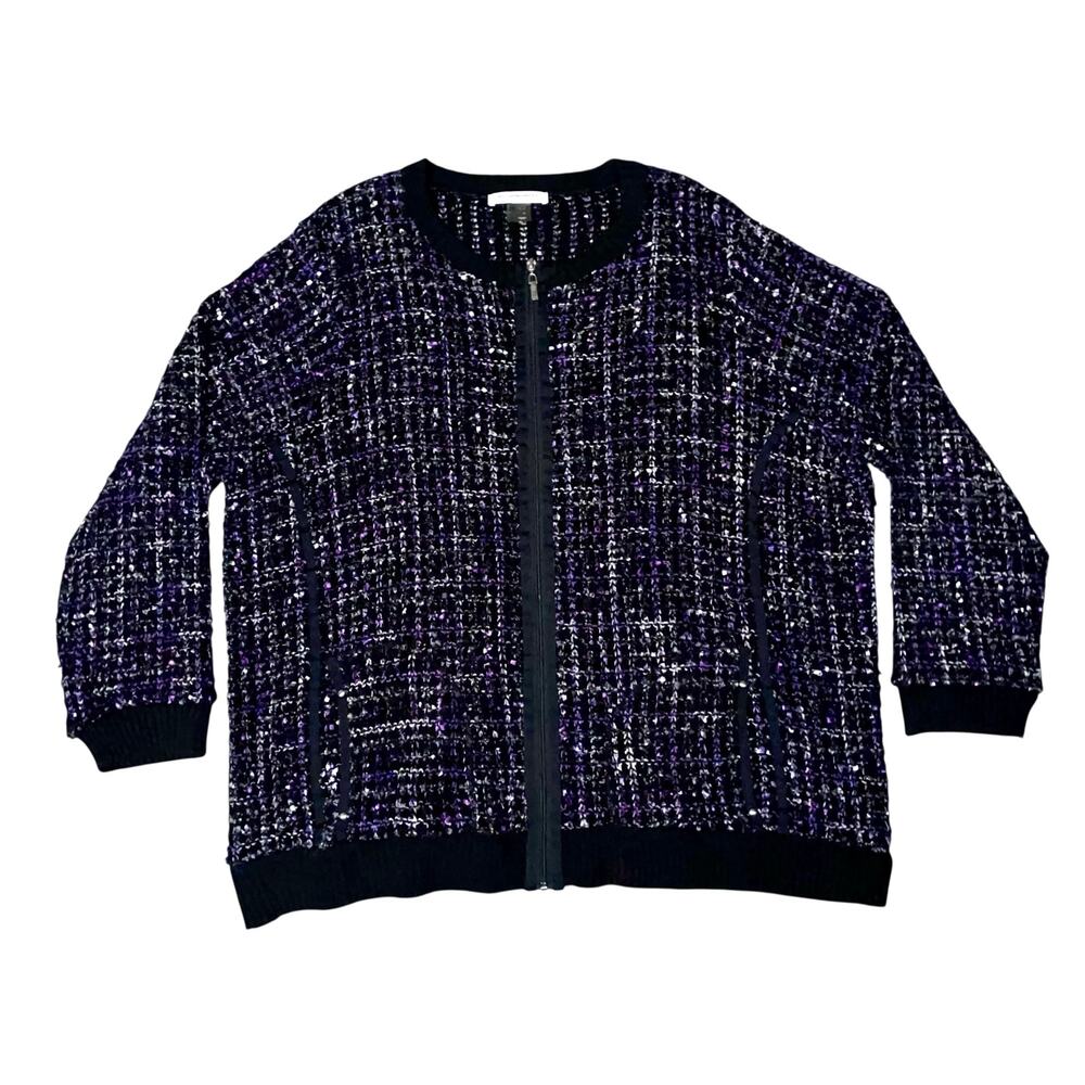 Allison Daley Tweed Sweater Plus Size 3X Black Purple Full Zip Textured